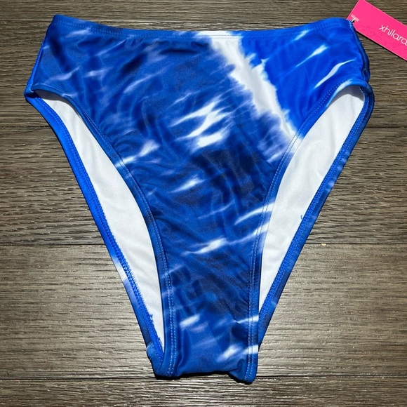 Bikini High Leg Cheeky Swimsuit Bathing Suit Bottoms Tie Dye Blue Small 0-2 NWT - Picture 1 of 7